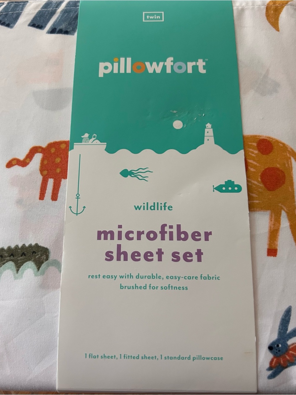 Pillowfort White Microfiber Sheet Set with Orange and Green Wildlife Print